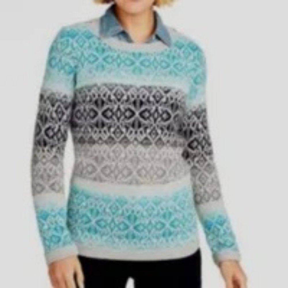 Talbots  Fair Isle Snowflake Blue Crewneck Lambs Wool-blend Sweater women's LP